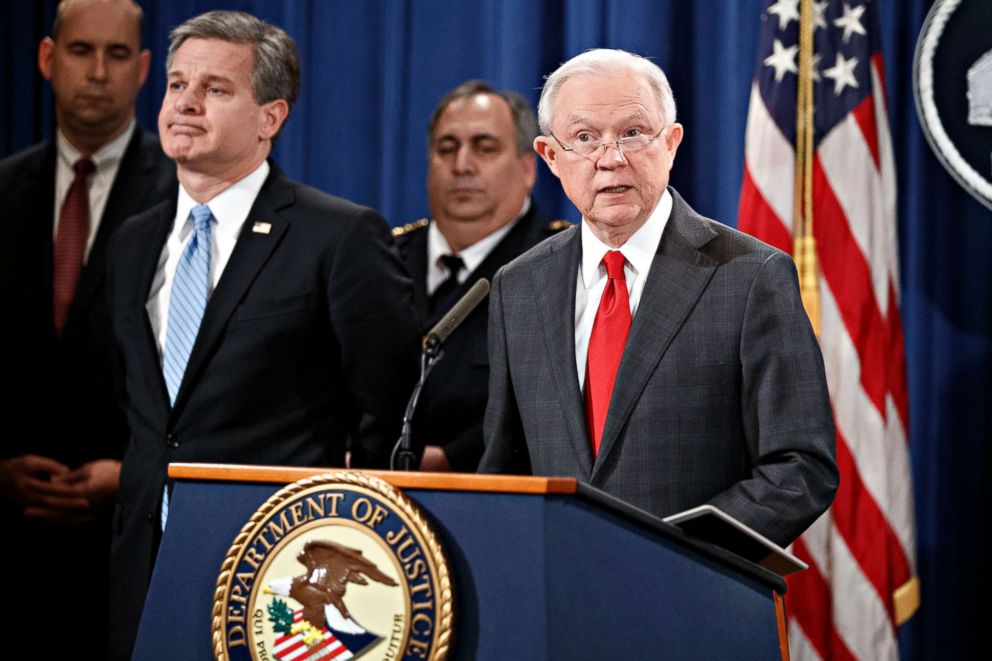 PHOTO: Attorney General Jeff Sessions delivers remarks on the apprehension and arrest of mail bomb suspect Cesar Sayoc jr. during a press conference at the Department of Justice in Washington, Oct. 2018.