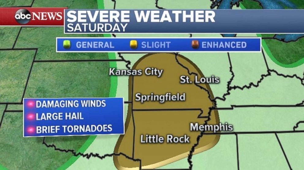 Damaging winds, large hail and brief tornadoes are possible in Arkansas and Missouri on Saturday.