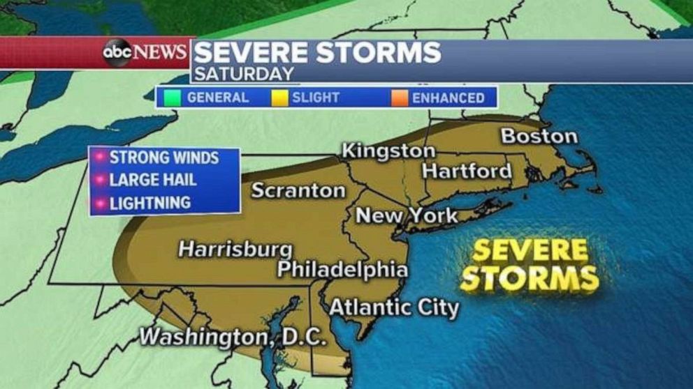 PHOTO: Strong winds, large hail and lightning are possible from Washington, D.C., to Boston on Saturday afternoon.