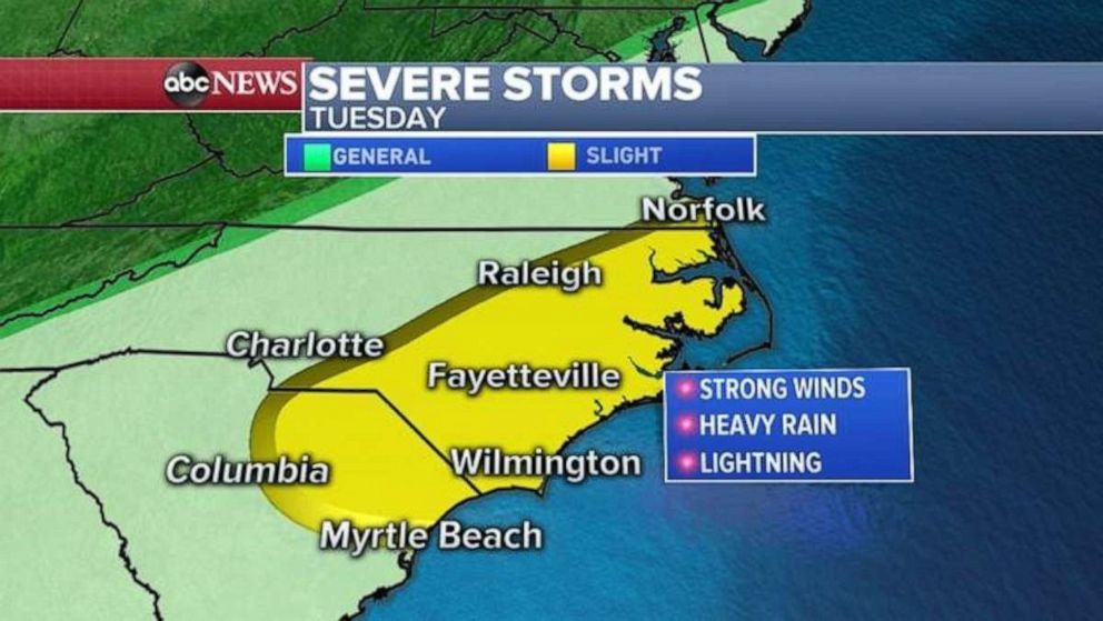 PHOTO: Severe weather is possible from Myrtle Beach, S.C., to Norfolk, Va., on Tuesday.