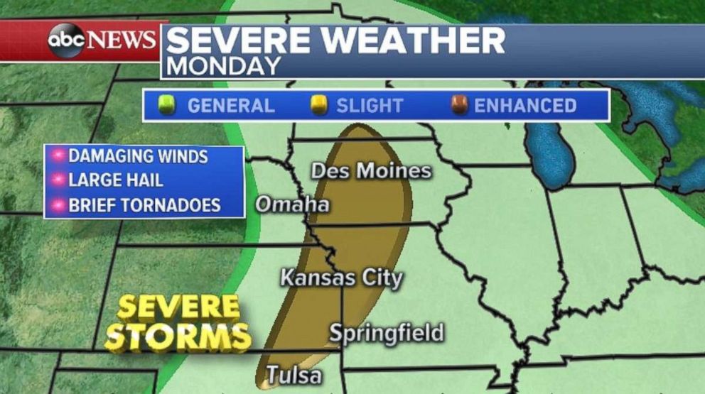 Damaging winds, large hail and brief tornadoes are possible from the Tulsa, Oklahoma, area north to Des Moines, Iowa.