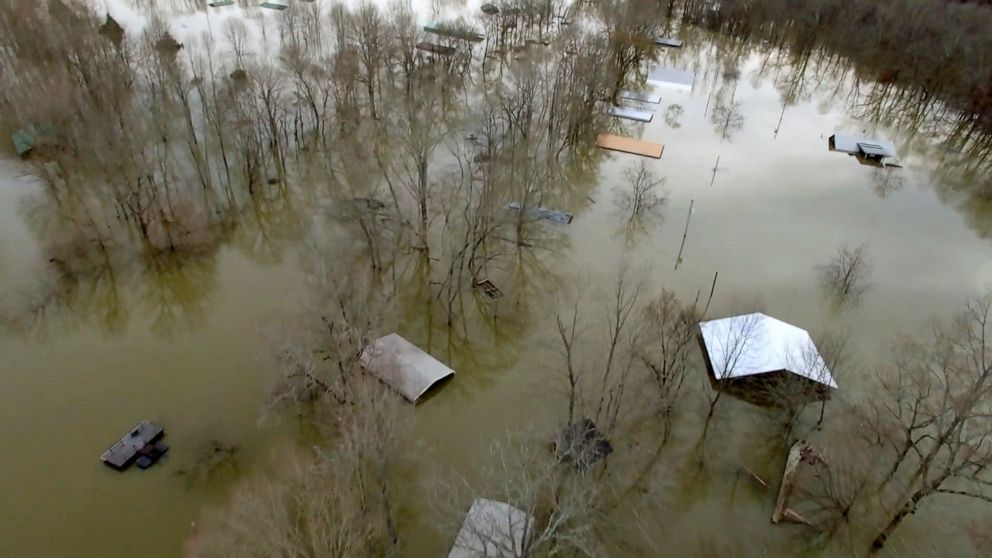 PHOTO: This drone photo provided by Hardin County Fire Department, Savannah, Tenn., shows flooding, Feb. 15, 2020 in Savannah, Tenn.