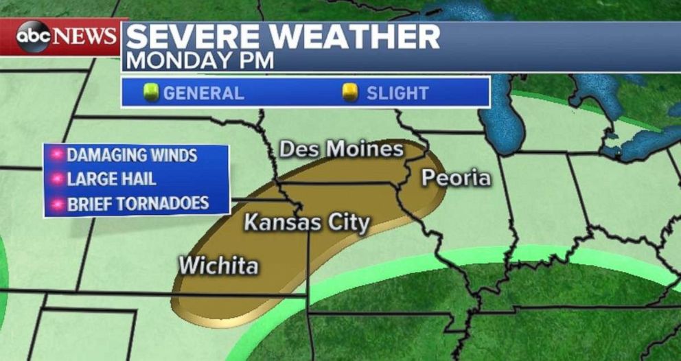 Damaging winds, hail and brief tornadoes are possible in the Plains on Monday night.