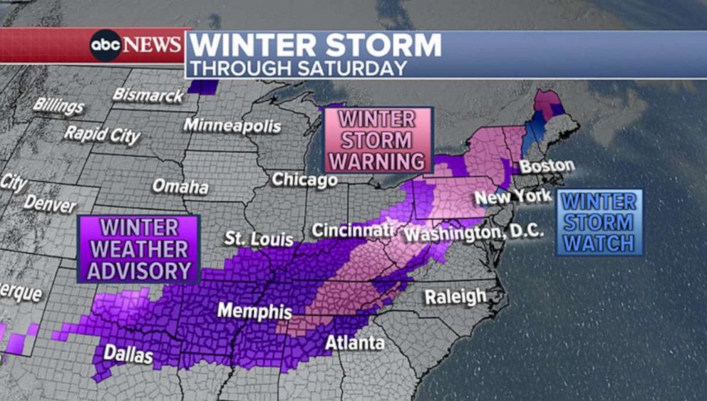 PHOTO: More than 75 million Americans across 26 states from Texas to Maine are under alert for winter weather, snow, and severe weather, possible tornadoes!