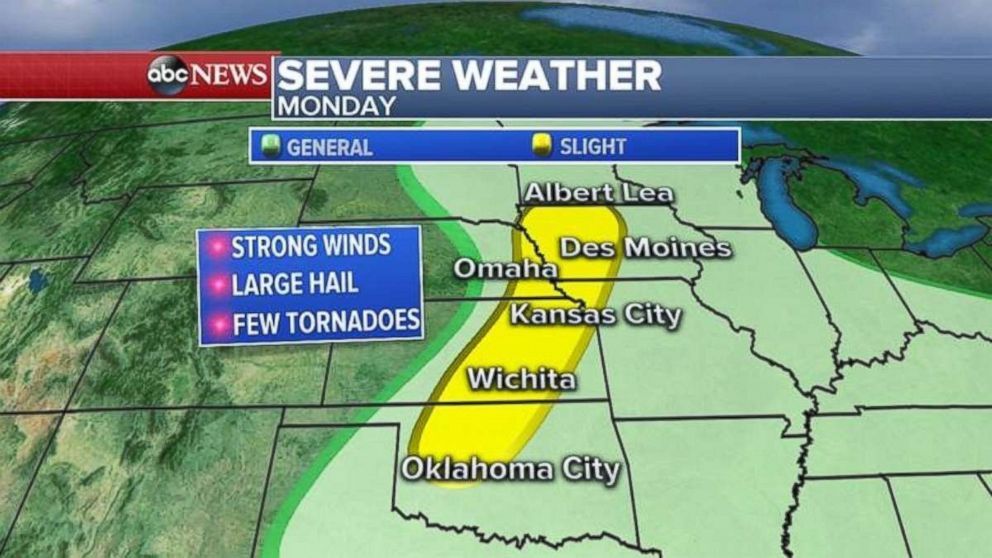 A threat for severe weather exists from central Oklahoma north to Iowa on Monday.