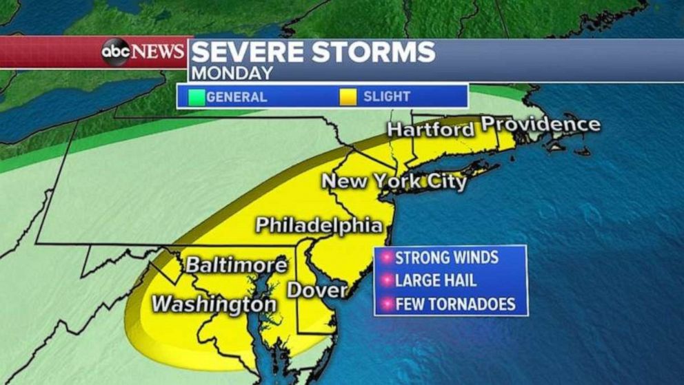 PHOTO: Strong winds and large hail are possible from the Mid-Atlantic all the way up to Rhode Island on Monday.