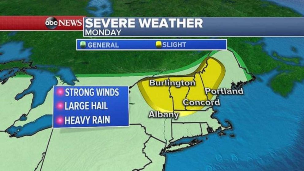 A slight risk for severe weather exists in northern New York and northern New England on Monday.