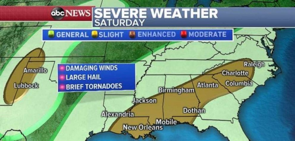 PHOTO: The severe threat includes damaging winds, large hail and brief tornadoes in the Southeast.