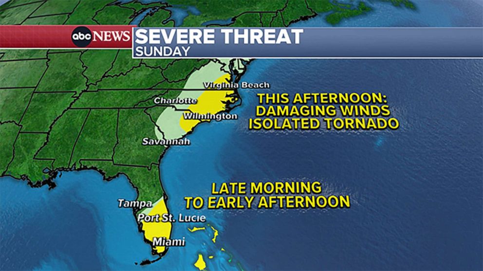 PHOTO: In addition to Florida’s threat for thunderstorms this morning, there is an additional area to watch this afternoon across the eastern Carolinas and Mid-Atlantic.