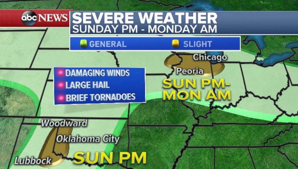 Severe weather is possible on Sunday night in north Texas and western Oklahoma and in the Chicago area on Sunday night into Tuesday morning.