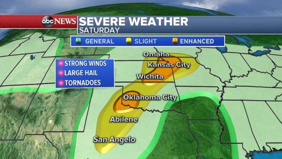 Strong winds, large hail and tornadoes are possible through heavily populated cities in the Plains.