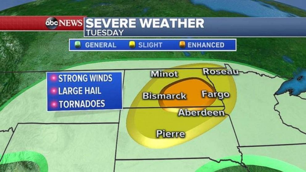 Severe weather, including possible tornadoes, is forecast for the Northern Plains on Tuesday.