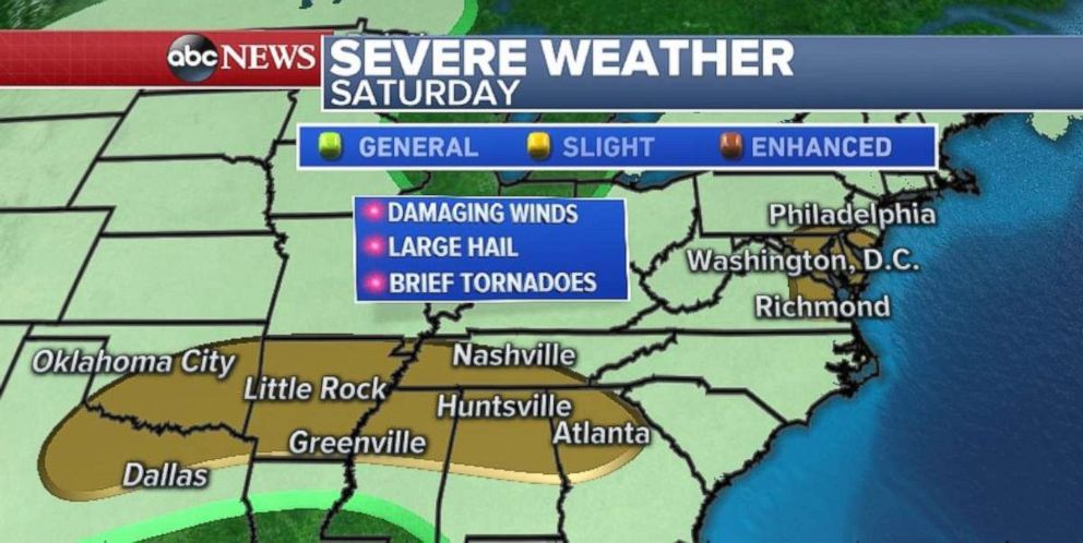 Severe weather is possible across the South as well as the mid-Atlantic on Saturday evening.