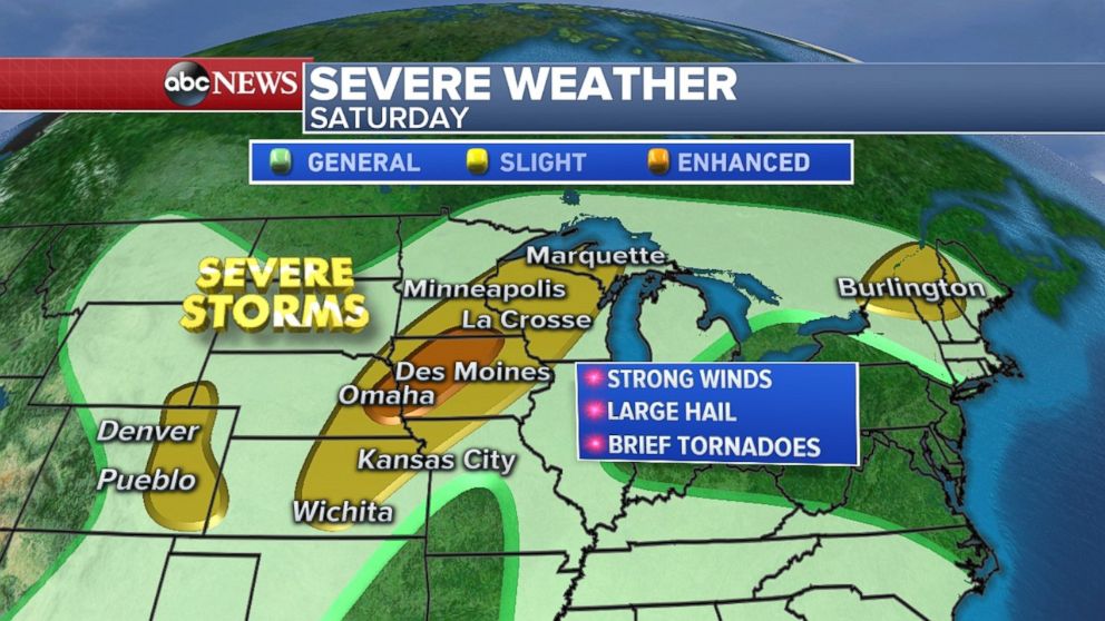 There is a chance for strong winds and large hail from the Plains northeast through Wisconsin on Saturday.