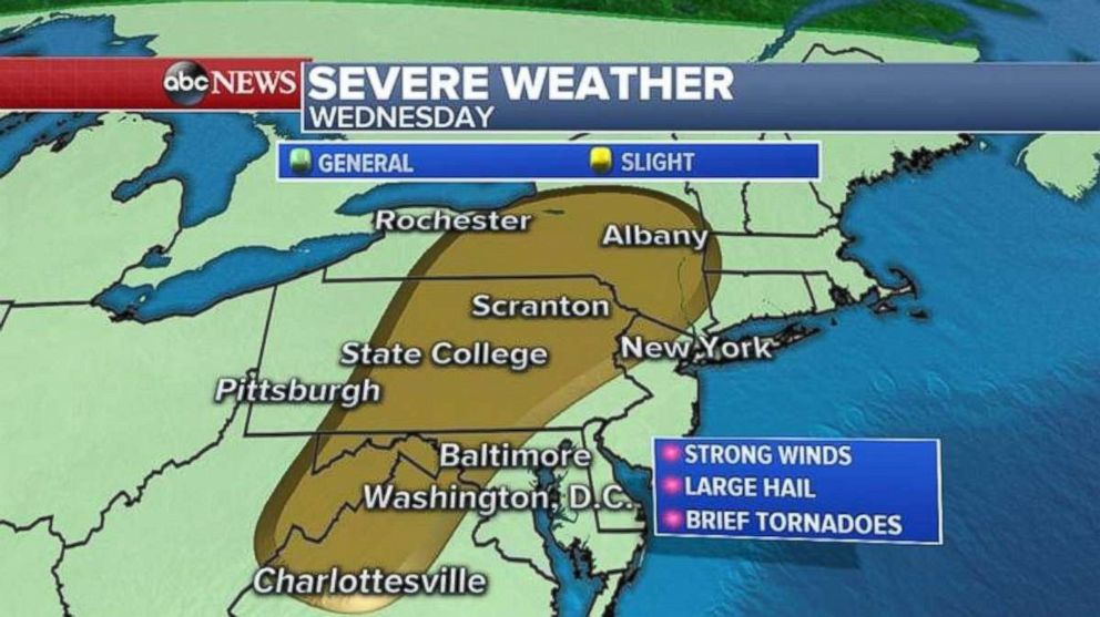 There's a slight risk for strong winds, large hail and brief tornadoes inland from I-95.