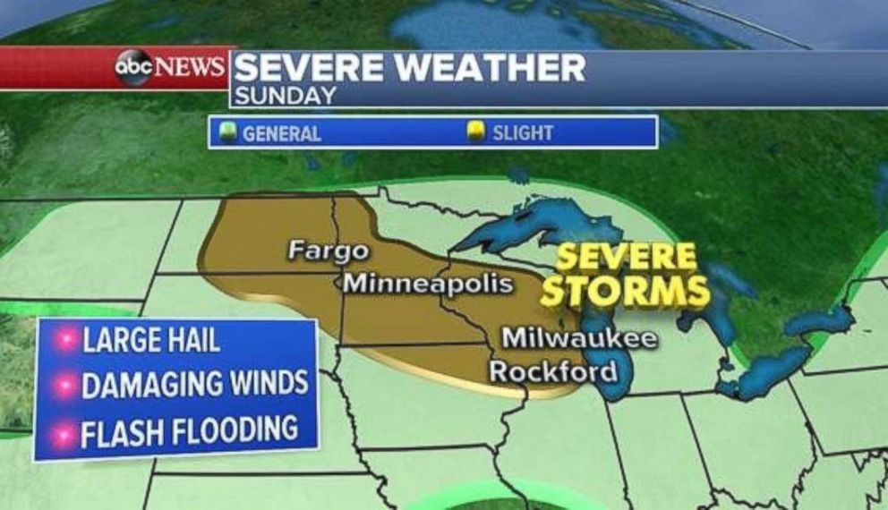 Severe weather is possible across the Dakotas, Minnesota and Wisconsin on Sunday.