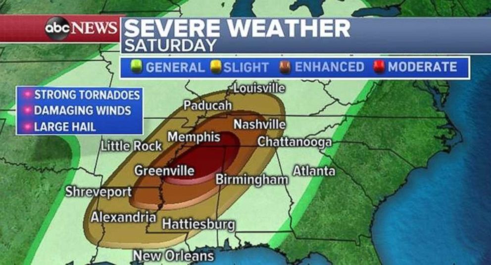 PHOTO: Strong tornadoes are possible in northern Mississippi and western Tennessee on Saturday.