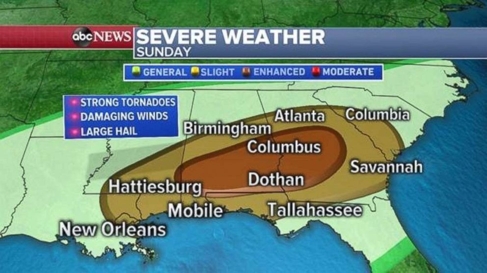 PHOTO: Severe weather could bring tornadoes, hail and damaging winds to the South on Sunday.