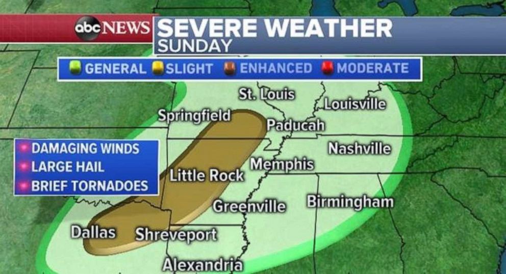 PHOTO: Severe weather is possible from Dallas, through Little Rock, Ark., and to southern Missouri on Sunday.