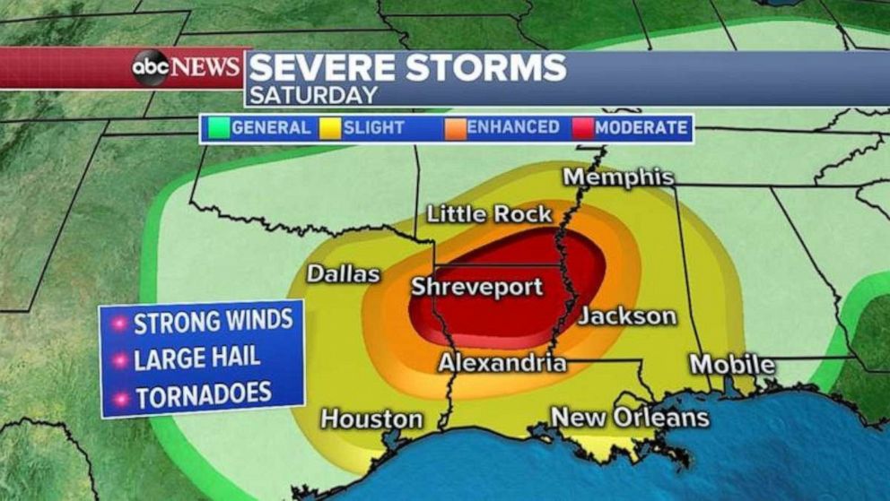 PHOTO: Some of the strongest severe storms of the season are expected in the Deep South on Saturday.