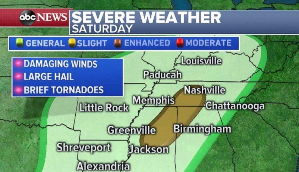 PHOTO: Damaging wind, hail and brief tornadoes are possible in the Tennessee River Valley on Saturday.