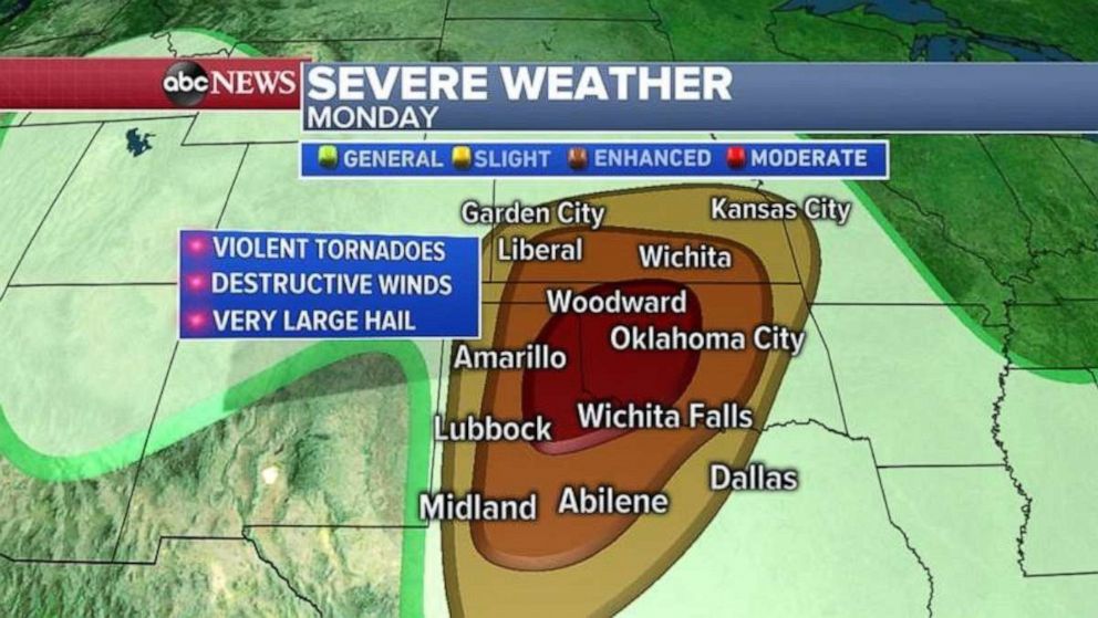 PHOTO: Violent tornadoes, very large hail and destructive winds are all possible from northern Texas to southern Kansas on Monday.