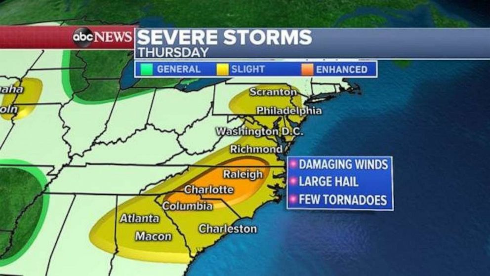PHOTO: Severe weather is possible, especially in the Carolinas, on Thursday.
