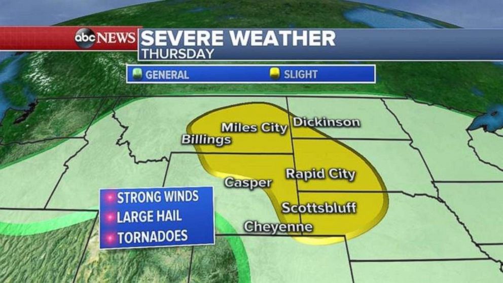 The concern on Thursday for severe weather will be across Montana, northeast Wyoming and western South Dakota and Nebraska.