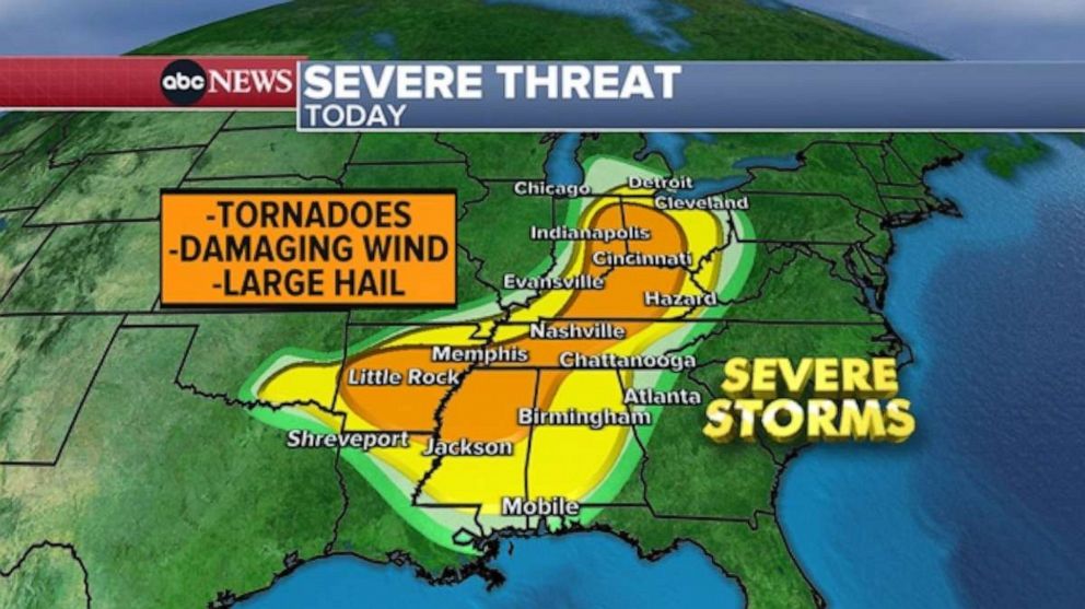 PHOTO: At least 57 Million Americans are under the threat of severe weather today, covering a large area from the Canadian border to the Gulf Coast.