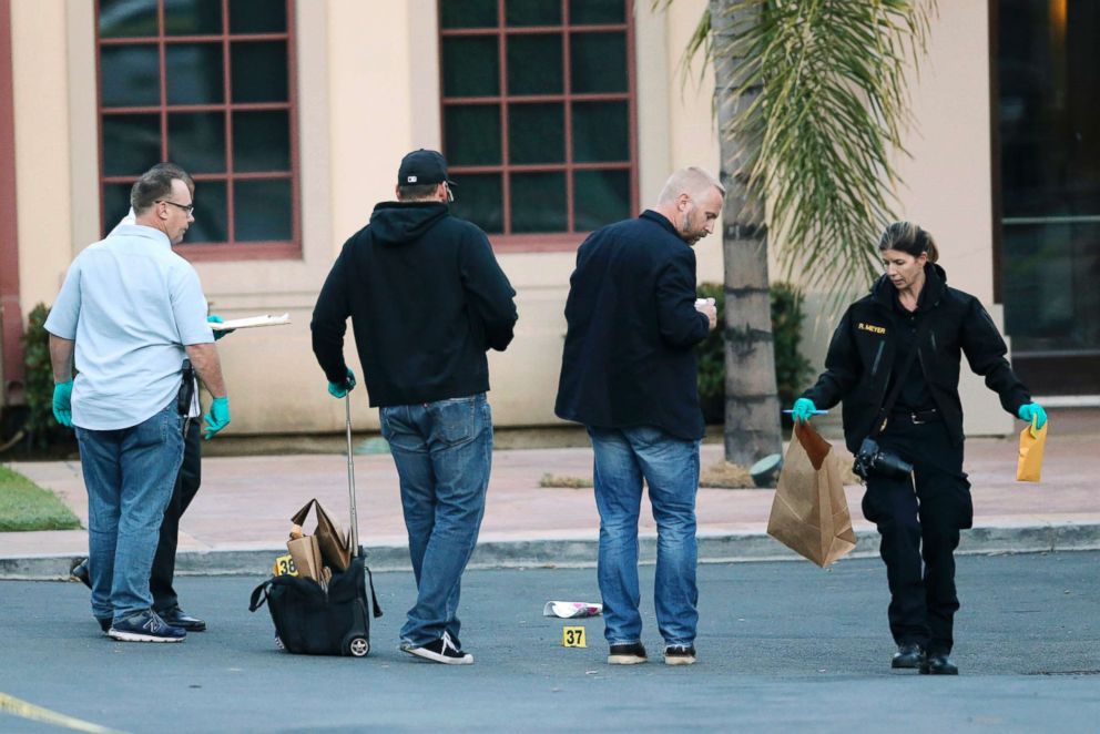 PHOTO: Members of the Riverside Police Department investigate the scene of a shooting at Sevilla Nightclub in Riverside, Calif., Oct. 29, 2018. Several people were shot and wounded during a Halloween party at the nightclub, police said. 