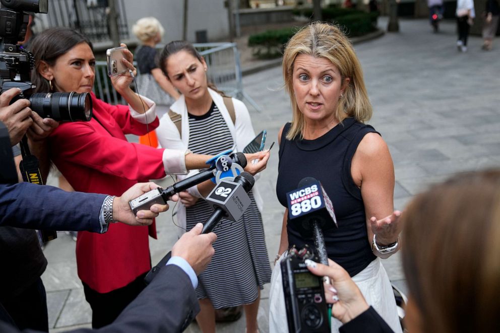 PHOTO: Sexual assault survivor Laurie Kanyok speaks to members of the media during a break in sentencing proceedings for convicted sex offender Robert Hadden outside Federal Court, July 24, 2023, in New York.