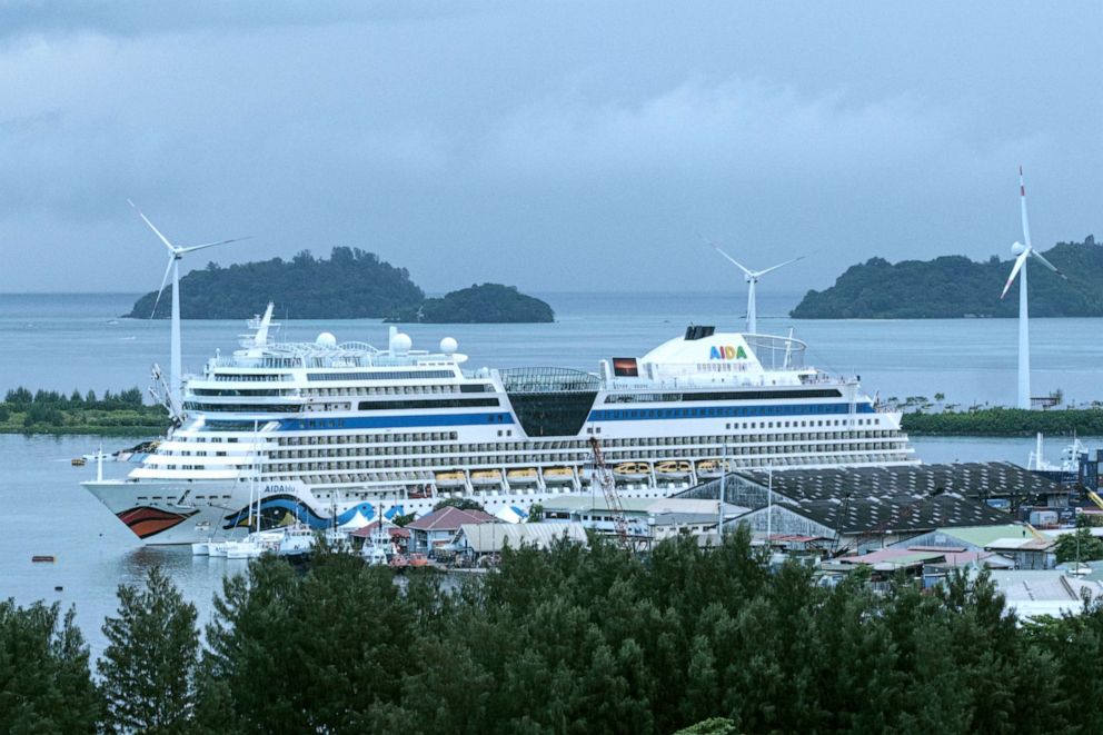 PHOTO: A cruise ship docks at a quay in Mahe island, the largest island contains the capital city of Victoria, Seychelles, Nov. 18, 2019.