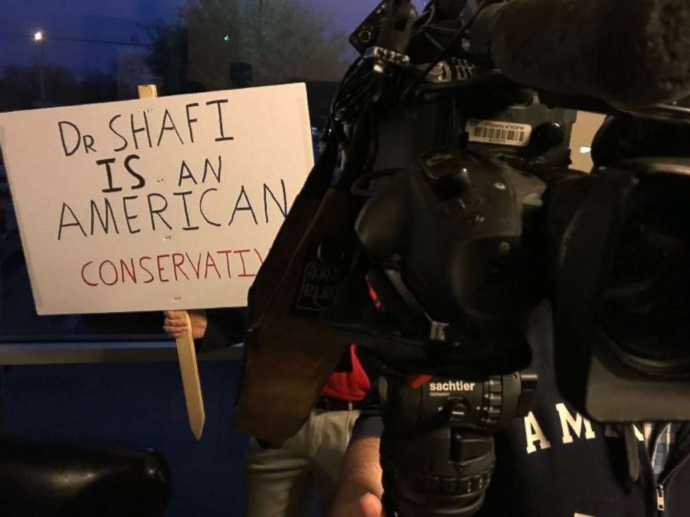 PHOTO: A supporter outside called for Shahid Shafi not to be ousted from the Tarrant County GOP. A vote was held Thursday, Jan. 10, 2019, and Shafi was not removed, despite a fellow member's calls to do so over him being Muslim.
