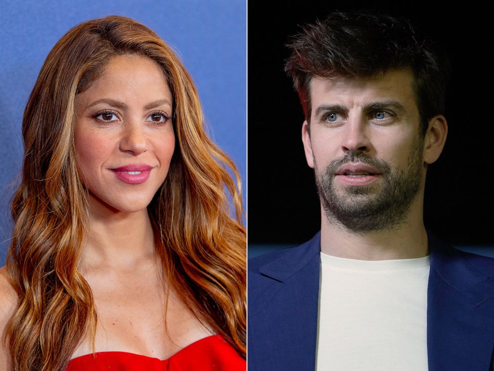 PHOTO: In this split image, Shakira attends the 2022 NBCUniversal Upfront at Mandarin Oriental Hotel at Radio City Music Hall on May 16, 2022 in New York City; and Gerard Pique looks on during a Kings League Infojobs match, Jan. 01, 2023 in Barcelona.