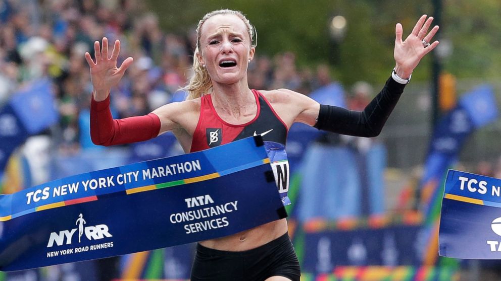 PHOTO: Shalane Flanagan of the United States crosses the finish line first in the women's division of the New York City Marathon in New York, Nov. 5, 2017.