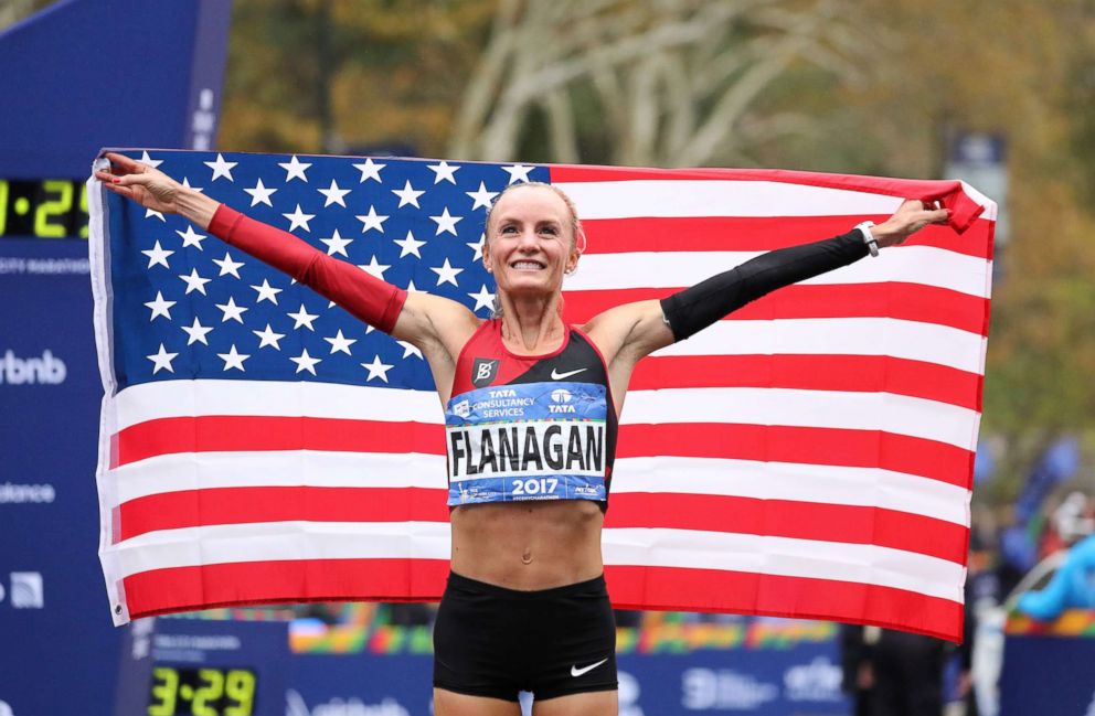 PHOTO: Shalane Flanagan of the United States celebrates winning the Professional Women's Divisions during the 2017 TCS New York City Marathon in Central Park, Nov. 5, 2017 in New York City. 