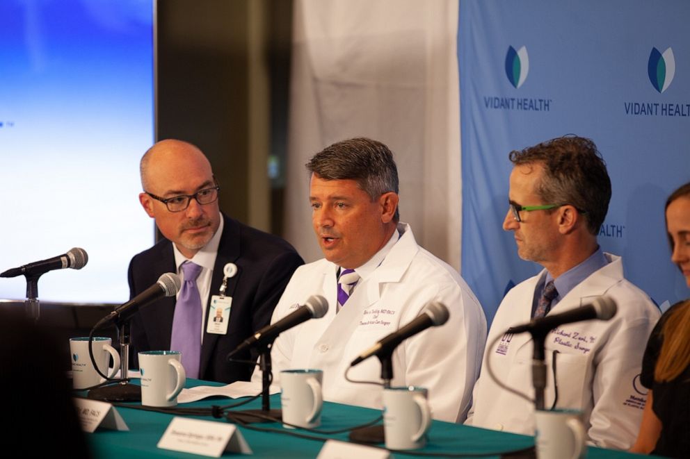 PHOTO: Dr. Toschlog speaks about treating a shark attack patient Paige Winter at Vidant Medical Center in Greenville, N.C., June 17, 2019. 