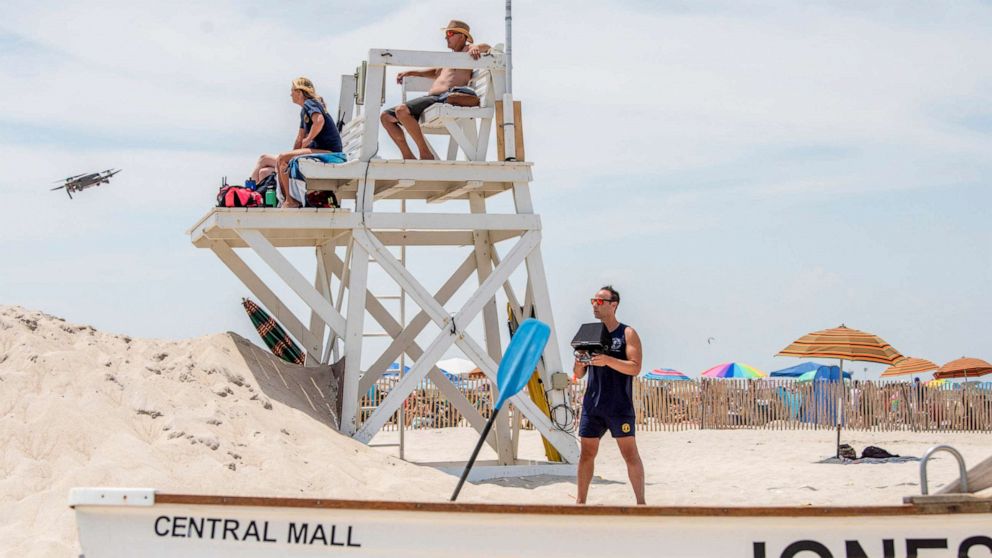 PHOTO: Cary Epstein, a veteran lifeguard, is among those being trained to operate a fleet of drones for shark-spotting amid an increase in sightings at Jones Beach, New York, July 1, 2022.