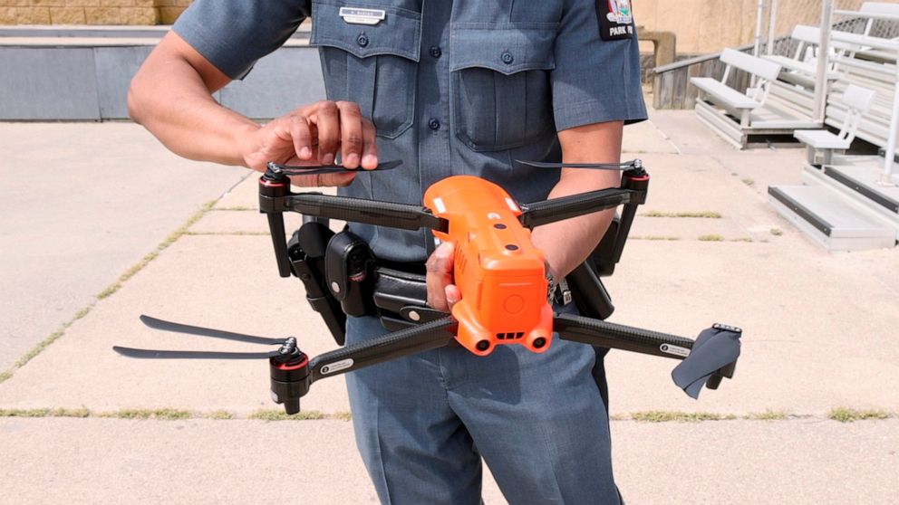 PHOTO:A Park Ranger holds one of the new drones on May 16, 2023, which will patrol for sharks this summer at Jones Beach State Park in Wantagh, New York.