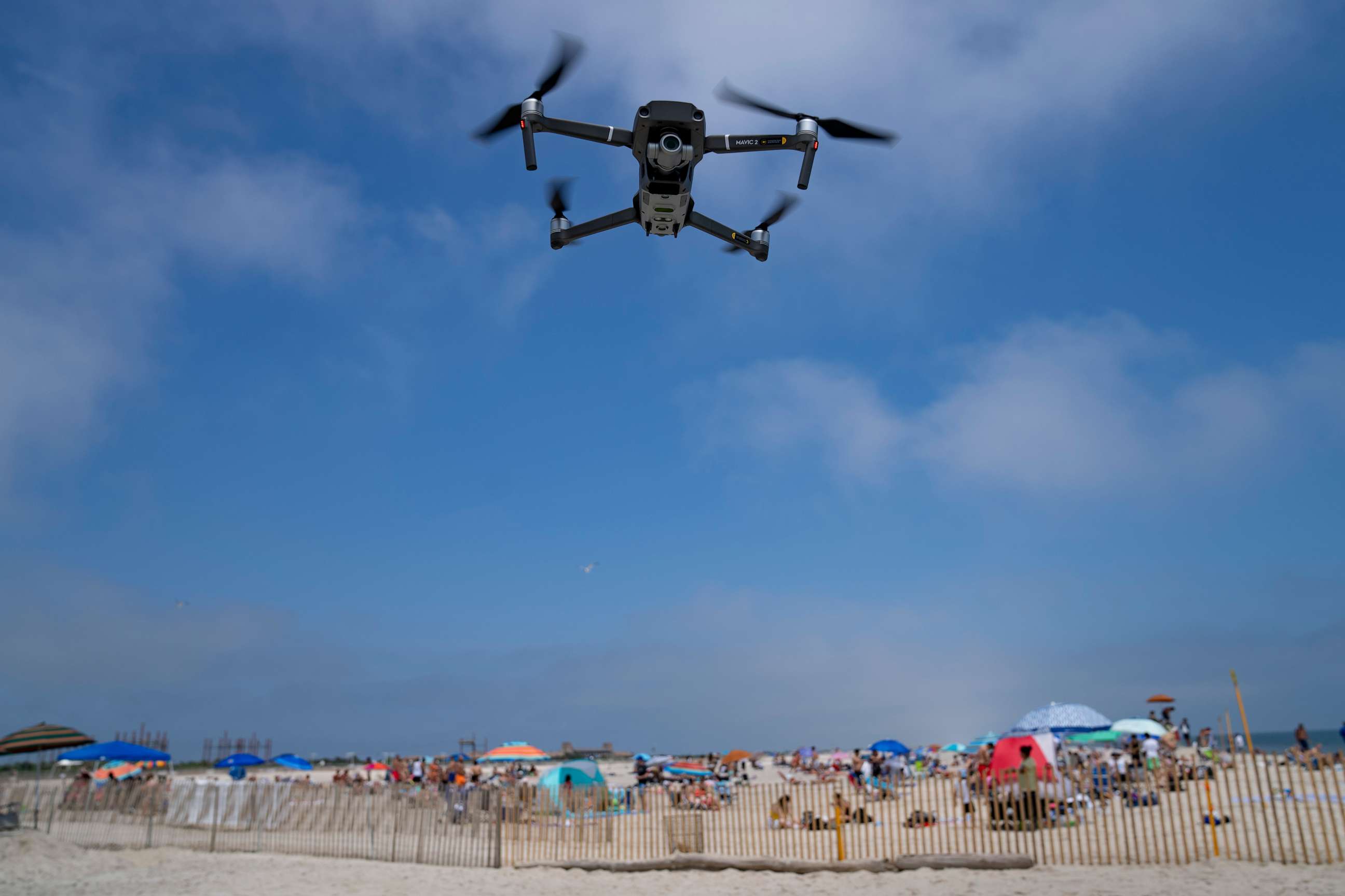 PHOTO: A drone is flown in for a landing after a shark patrol flight at Jones Beach State Park, July 6, 2023, in Wantagh, N.Y.