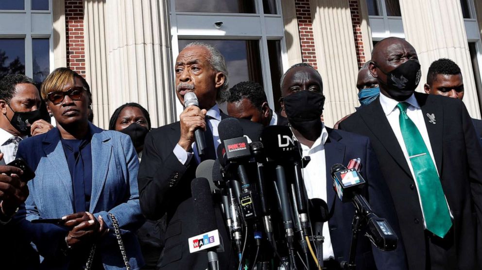 PHOTO: Reverend Al Sharpton speaks during a news conference outside the Glynn County Courthouse, in Brunswick, Ga., Nov. 18, 2021.