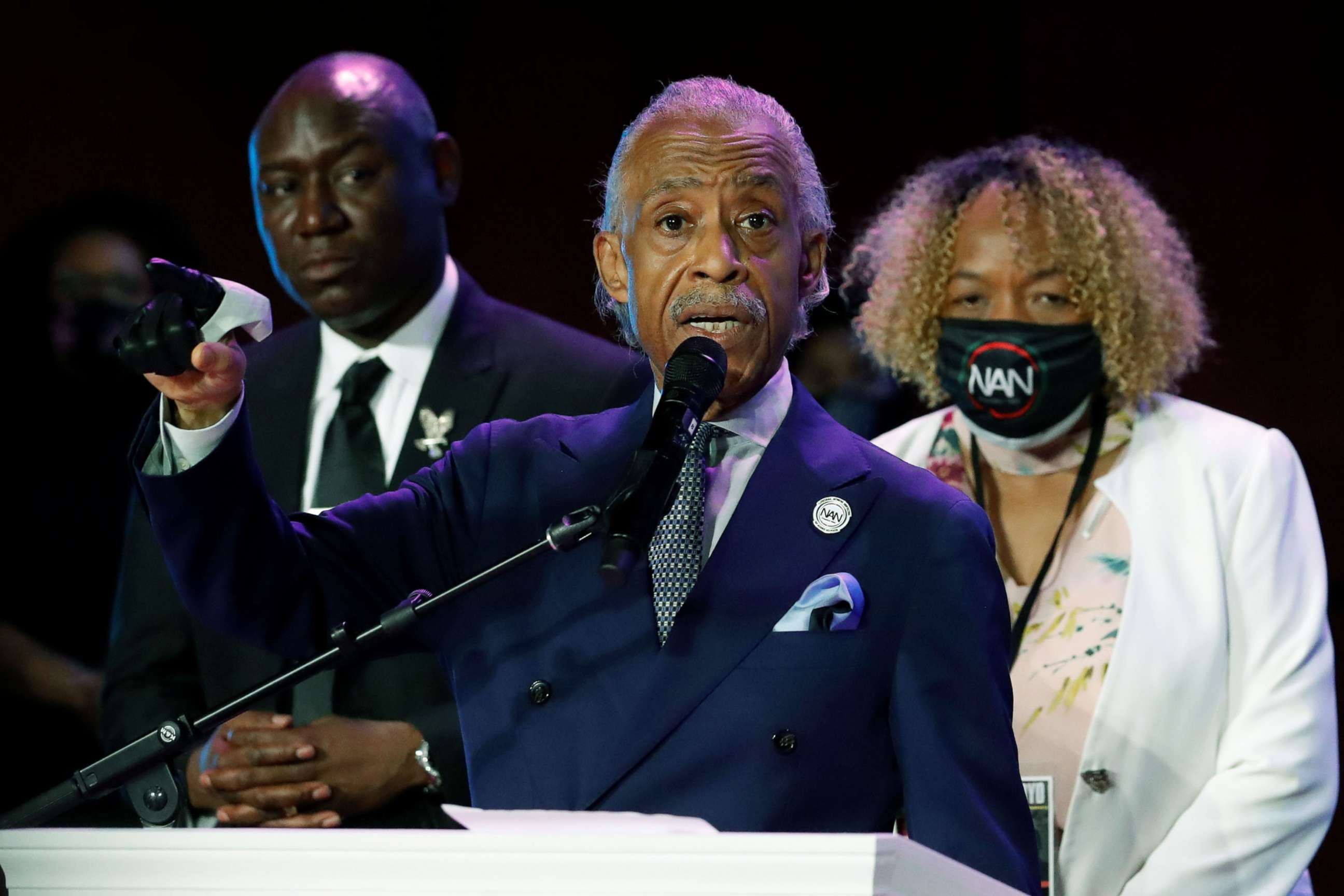 PHOTO: Reverend Al Sharpton speaks during a memorial service for George Floyd following his death in Minneapolis police custody, in Minneapolis, June 4, 2020. 