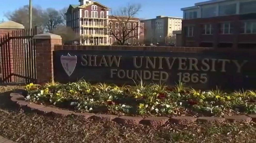 PHOTO: In this screen grab from a video, the sign for Shaw University is shown on campus in Raleigh, N.C.