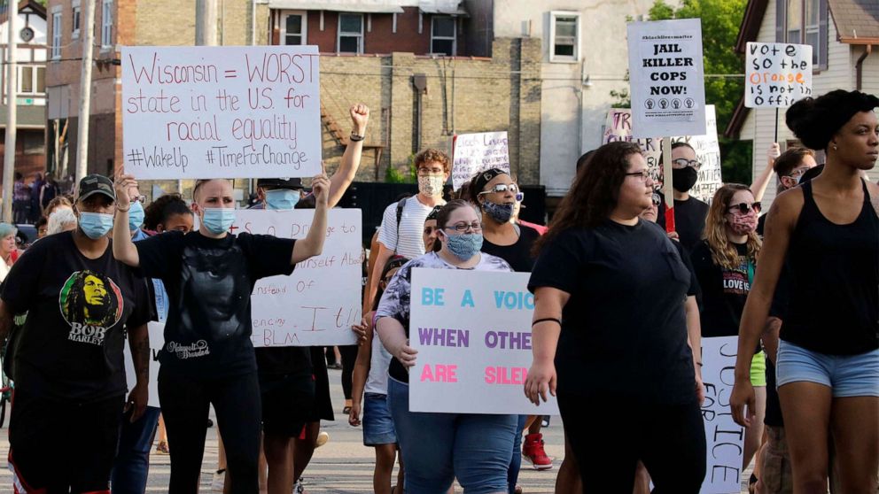 PHOTO: Protesters march on North 15th St. near where Kevan Ruffin was killed by Sheboygan Police, July 2, 2020, in Sheboygan, Wis.