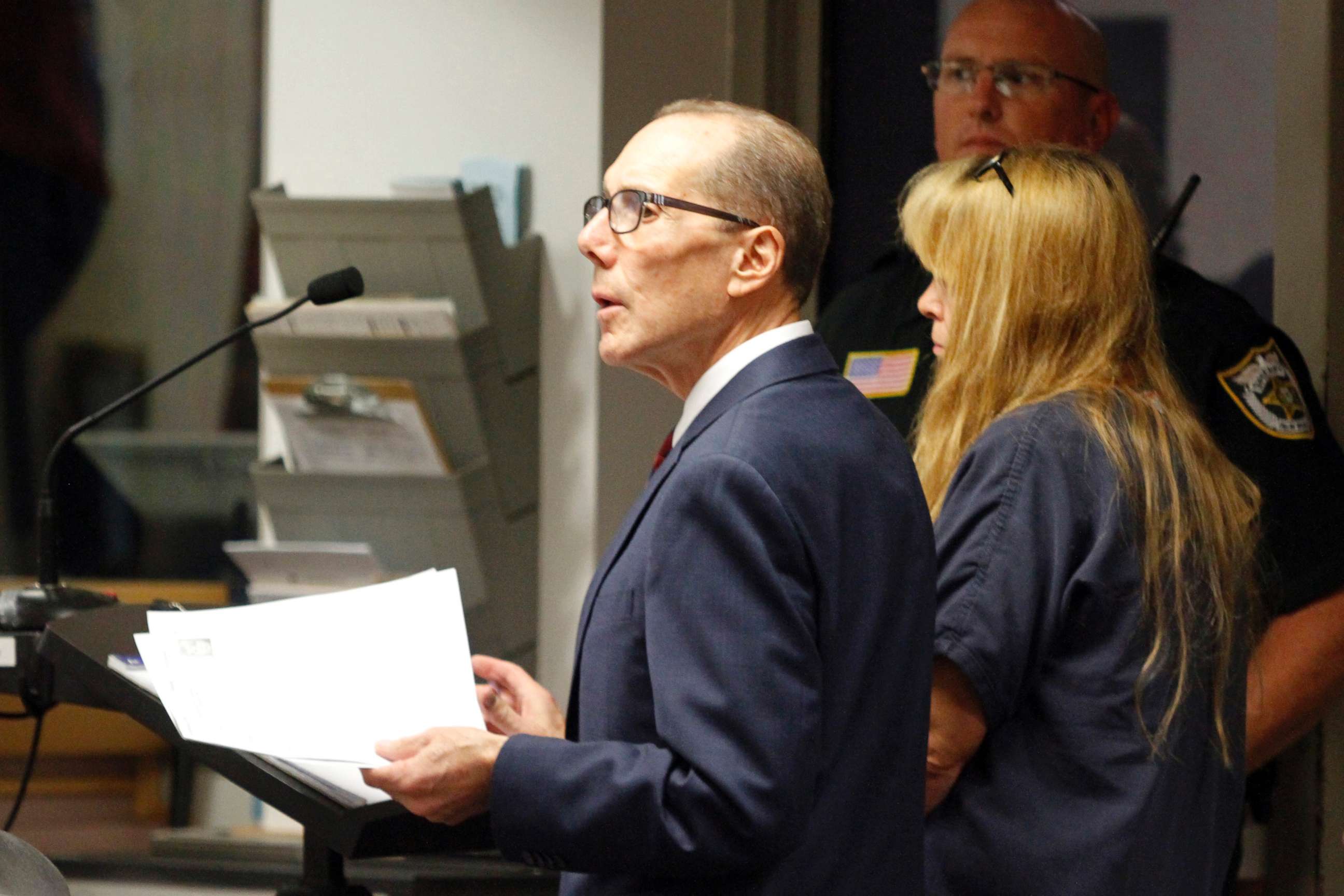 PHOTO: Attorney Richard Lubin speaks during the first court appearance of his client Sheila Keen Warren, Oct. 4, 2017, in West Palm Beach, Fla. 