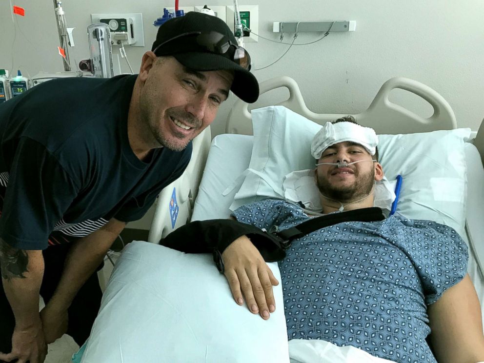 PHOTO: Sheldon Mack met with Erik Frazier, left, the Marine veteran who drove Jimmy Grovom and Sheldon Mack to the hospital.