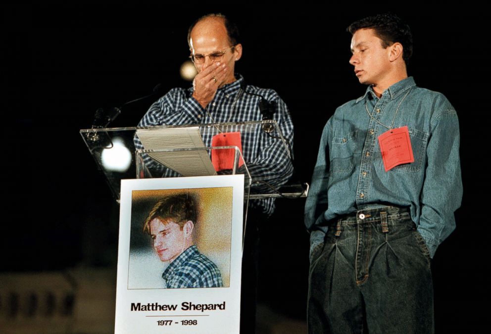 PHOTO: Matthew Shepards friends Walter Boulden and Alex Trout, from left, get emotional as they speak during a national vigil for Shepard at the steps of the U.S. Capitol, Oct. 14, 1998.