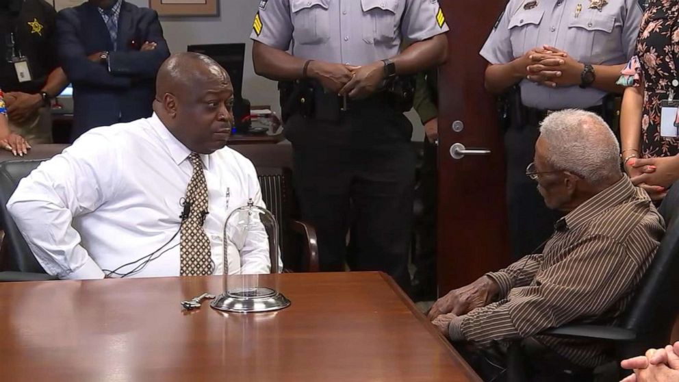 PHOTO: On June 13, 2019, Wake County Sheriff Gerald Baker is shown with Lynn Council, 86, who says two deputies hanged him from a tree in 1952.