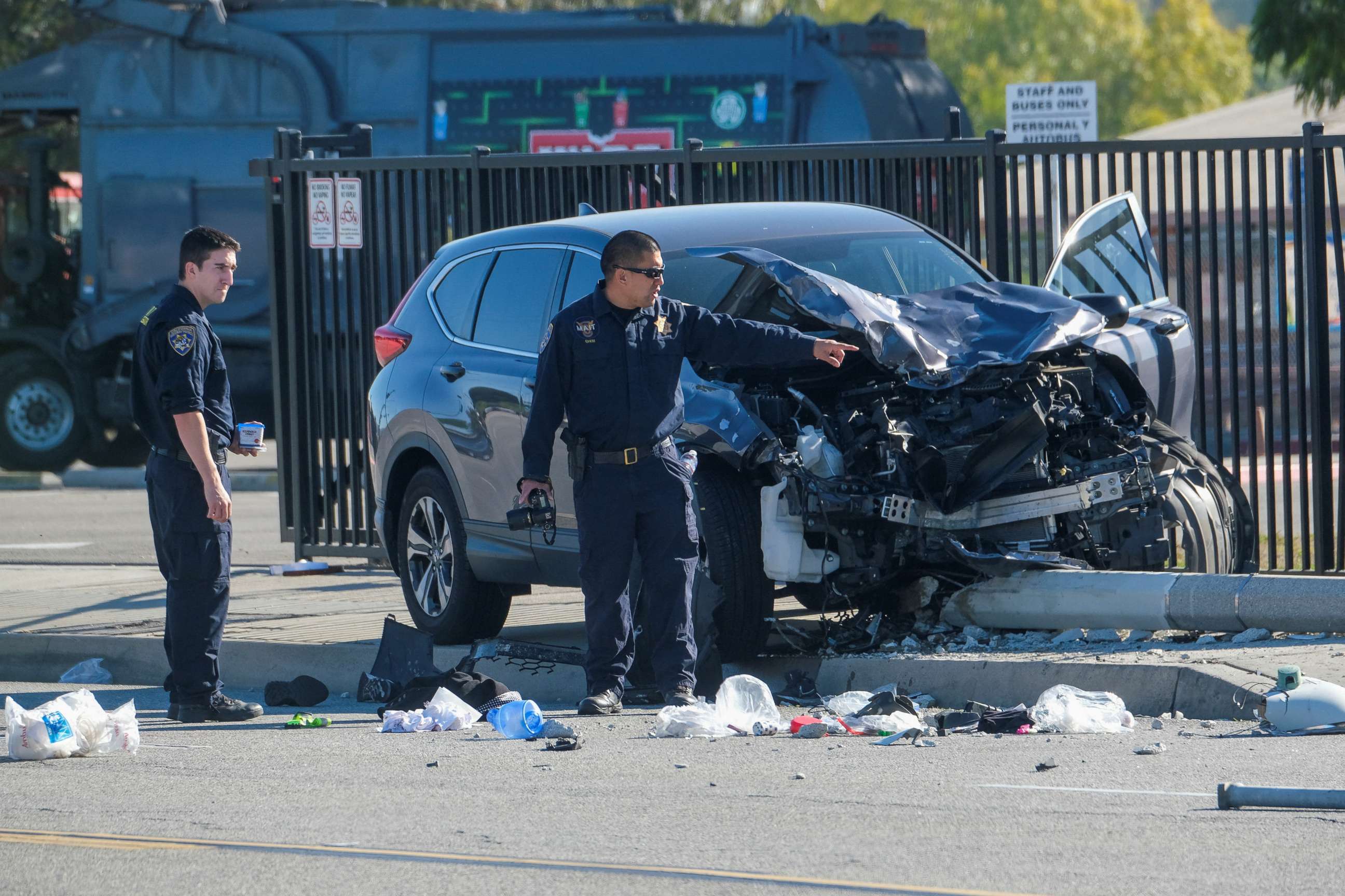 PHOTO: In this Nov. 16, 2022, file photo, law enforcement investigate the scene after multiple Los Angeles County Sheriff's Department recruits were injured when a car crashed into them while they were out for a run in Whittier, Calif.