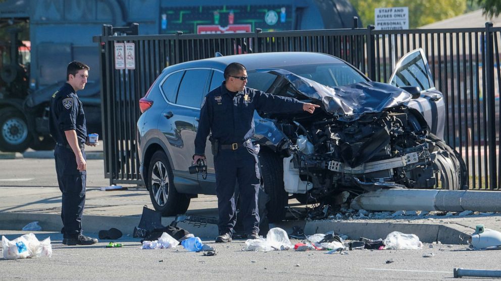 PHOTO: In this file photo, November 16, 2022, law enforcement investigates the scene after multiple recruits to the Los Angeles County Sheriff's Department were injured when a car hit them as they on the run in Whittier, Calif.